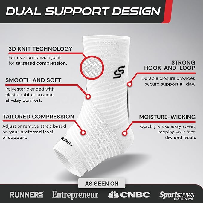 Sleeve Stars Ankle Brace for Women & Men, Ankle Wrap for Sprained Ankle, Compression Sleeve for Plantar Fasciitis Relief, Easy Customizable Support: w/Removable Strap (Single/L:12"-13"/White)