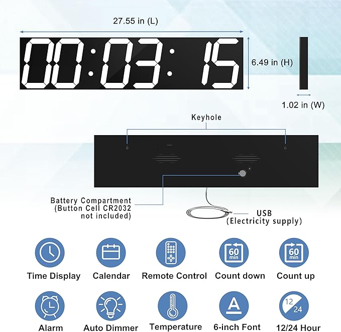 CHKOSDA Digital Wall Clock, Oversize Led Digital Clock with Auto Dimmer, Huge Countdown Timer with Remote Control, 27" Wide Led Display, 6 Digits, Wall Mount, Date and Temperature (White)