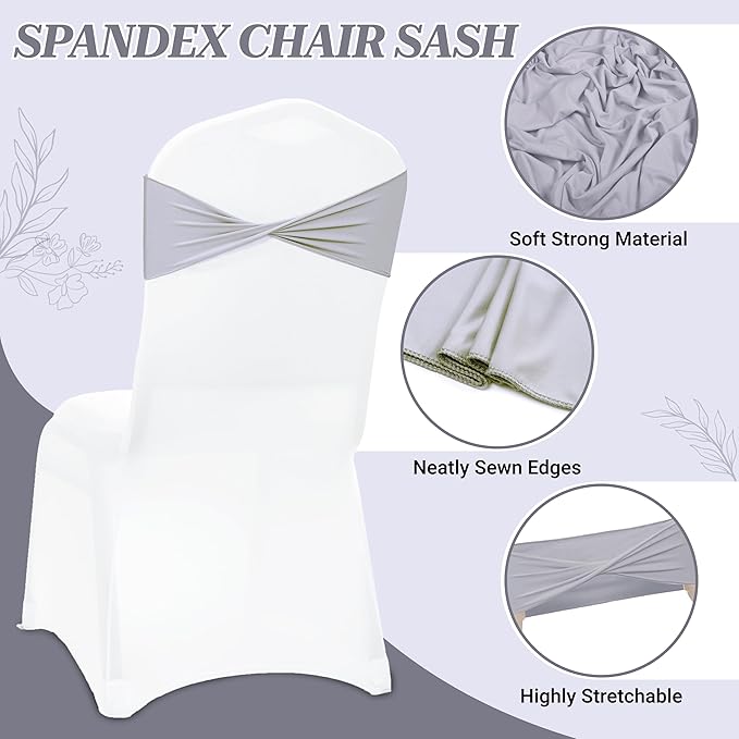 MDS Pack of 50 Spandex Chair Sashes Bows Elastic Stretch Dining Chair Bands Ties Without Slider Buckle Universal fits for Wedding Baby Shower Birthday Party Banquet Event Decoration - Light Silver