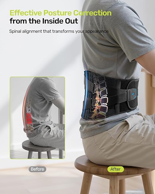 Rakiie Back Brace for Men Lower Back with 7 Stays, Adjustable Knitted Lumbar Support Belt for Pain Relief, Breathable Soft Mesh Design with Lumbar Pad, Ergonomic Back Support Brace for Scoliosis - Size S (Waist: 27.6"-33.5")