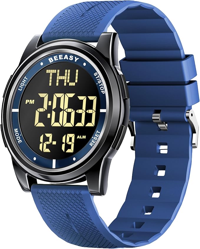 Beeasy Digital Watch for Men Women, 50M Waterproof, Ultra-Thin & Lightweight, 44mm Silicone Sports Watch with Alarm, Stopwatch, Countdown, Ideal for Gym, Running, School, Daily Wear