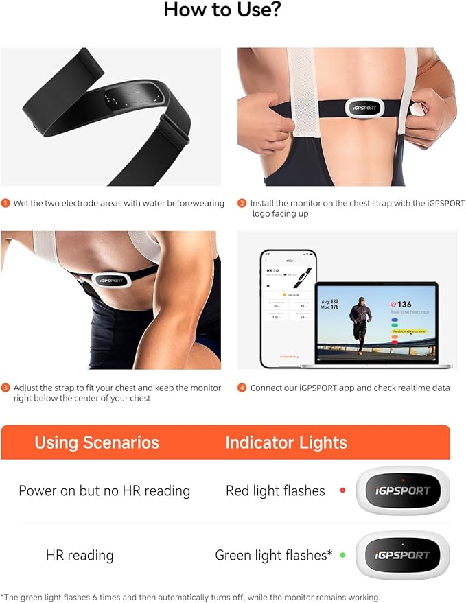 iGPSPORT HR50 Cycling Sensor Chest Strap, IPX7 Waterproof Bluetooth ANT+ for Cycling Running Jogging Yoga Fitness