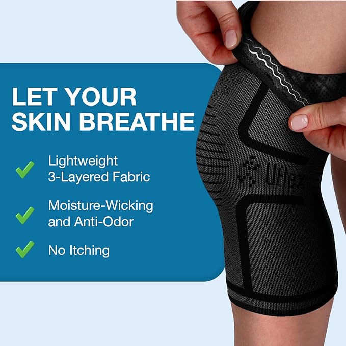 UFlex Athletics Knee Brace for Men and Women Knee Compression Sleeve Support for Arthritis Joint Pain Relief, Workout, Swelling, Sports, Circulation, Running, Recovery Support for ACL & Meniscus Tear