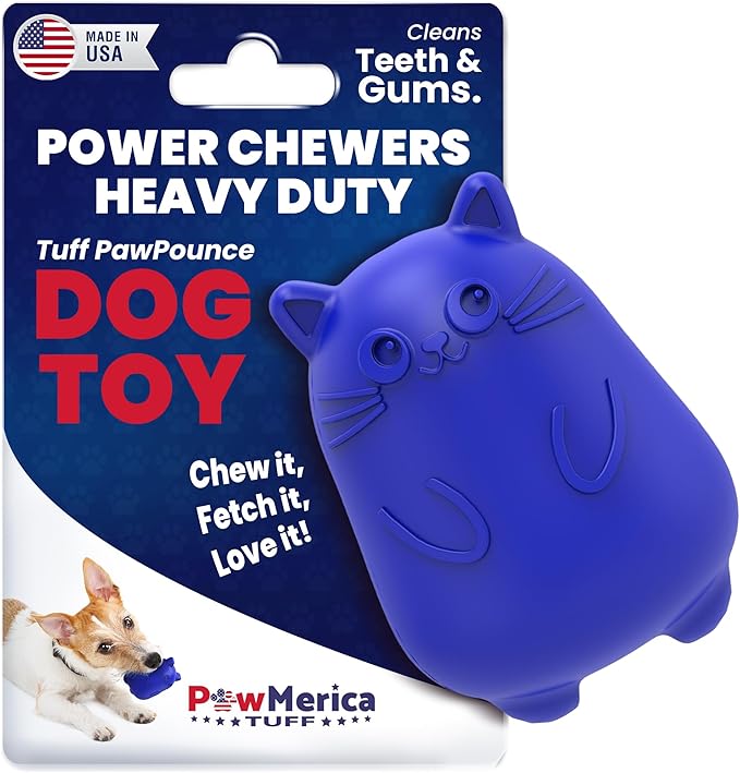 PawPounce – Indestructible Dog Toy for Aggressive Chewers – Cat-Themed Design for Fun & Interactive Play – Supports Dental & Gum Health – Pet-Safe & Made in USA (4 x 3 x 2.9 Inches)