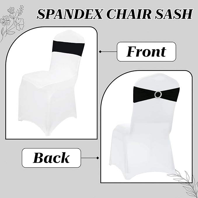 VDS - Black | Spandex Chair Sashes Bows | 100 PCS | Stretch Elastic Banquet Universal Folding Chair Band Tie with Silver Buckle Slider for Wedding Party Conference Celebration Event Decoration