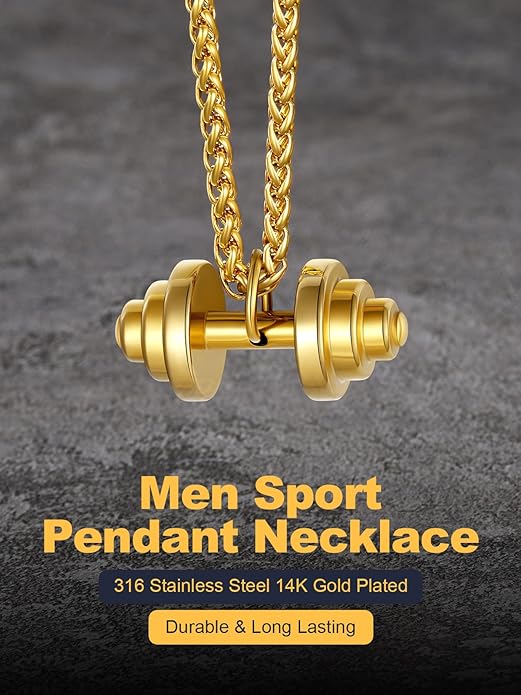 U7 Men Women Fitness Dumbbell Necklace Stainless Steel Weight Plate Barbell Chain Pendant Necklace,Chain 22"+2" Extender, with Gift Box