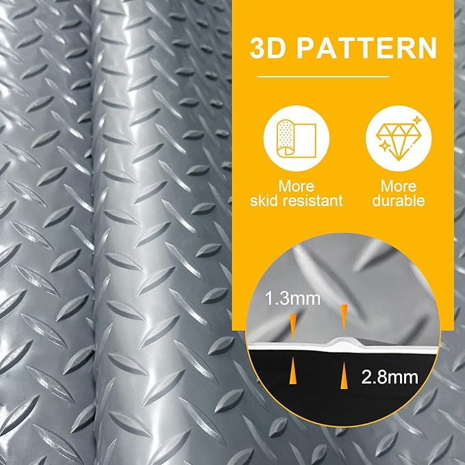 4x20FT Garage Floor Mat, 2.8mm Thickened Flooring Roll for Under Car, Golf Cart Parking Mat, Diamond Plate PVC Rubber Motorcycle Mat, Non-Slip Floor Protector for Garage Warehouse Trailer, Grey