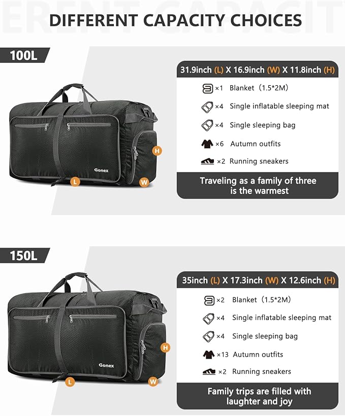 Gonex Large Foldable Travel Duffle Bag with Shoes Compartment, Packable Lightweight Water Repellent Duffel Bag for Camping Gym Weekender Bag