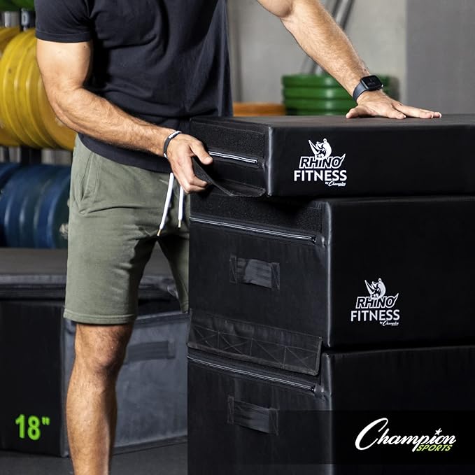 Champion Sports Foam Plyometric Box Set with 6", 12", and 18" Included - Durable Jump Boxes for Training with Handles, Hook and Loop Flaps - Stackable Cross Traning Plyo Box, Jumps for Gym