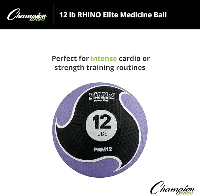 Champion Sports Rhino Elite Medicine Ball – Textured Surface, Superior Grip, Hollow Synthetic Rubber for Consistent Bounce & Durability, Multiple Weights & Colors - Optional Rebounder Sold Separately