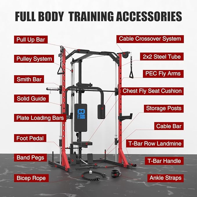 FAGUS Smith Machine Home Gym Power Cage with Pulley System, Space Saving Design Squat Rack with Full Body Strength Training Attachments, PEC Station & Fixed Cable Crossover Optional