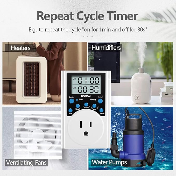 Digital Infinite Repeat Cycle Timer Plug with Countdown and 24 Hour Daily on-Off Programs for Electrical Outlets, Lights, Hydroponic Pumps (120V, 15A) [2 Pack]