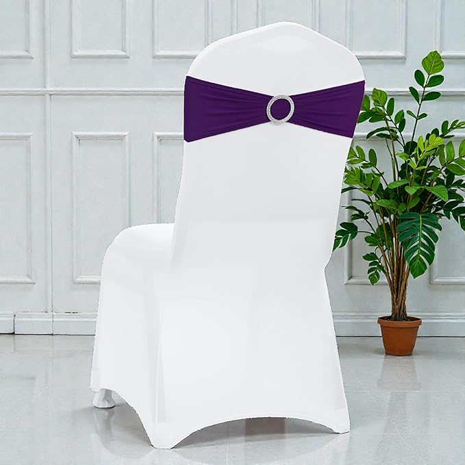 MDS Pack of 150 Spandex Chair Sashes Bows Universal fits Elastic Stretch Chair Bands Ties with Buckle Slider Bow for Wedding Decoration Spandex Slider Sashes Bow - Purple