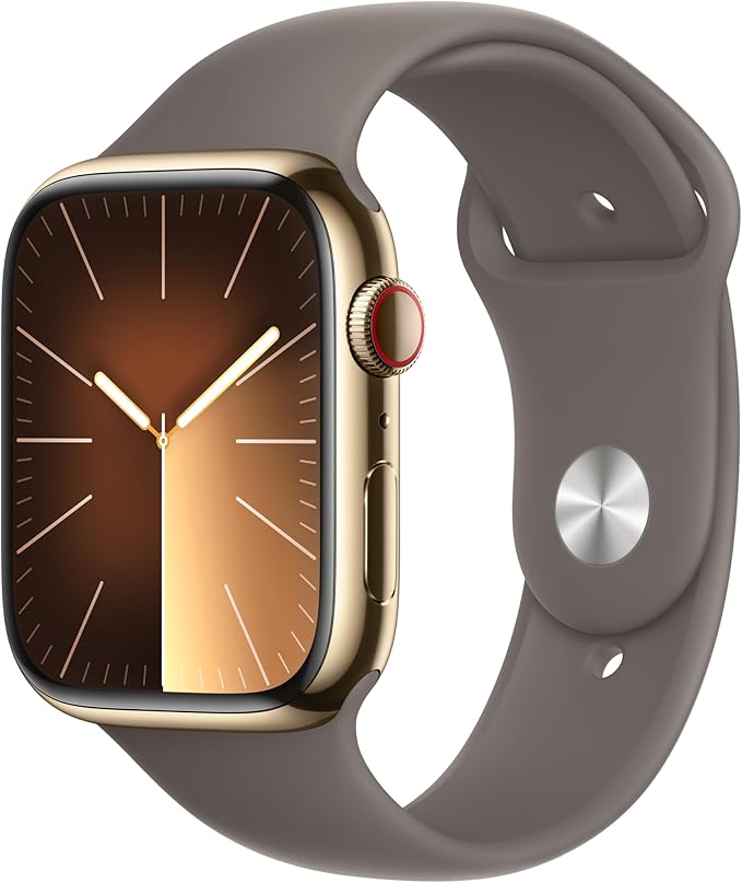 Apple Watch Series 9 [GPS + Cellular 45mm] Smartwatch with Gold Stainless Steel Case with Clay Sport Band M/L. Fitness Tracker, Blood Oxygen & ECG Apps, Always-On Retina Display