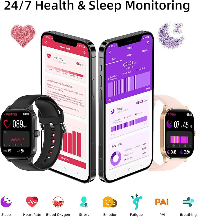 Smart Watch with Built-in GPS, 1.96" HD Display, Answer/Make Calls, 100+ Sport Modes, Heart Rate/Sleep/SpO2 Monitor, Fitness Activity Tracker for Android and iPhone, for women men (Black, 1.96")