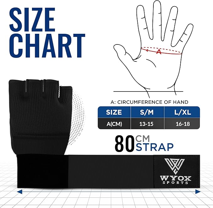 WYOX Gel Boxing Hand Wraps Inner Gloves for Men & Women – 80cm Quick Wrist Strap, Padded Knuckle Support, Fingerless MMA Muay Thai Kickboxing Wraps for Training, Punching & Martial Arts