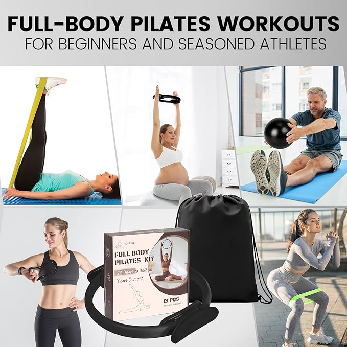 Pilates Kit for Women 13PCS, Pilates Ring and Ball Set with Magic Circle, Resistance Bands Set, Figure 8 Band, Yoga Ring & Grip Socks, Home Workout Equipment Essentials Starter Kit for Beginners