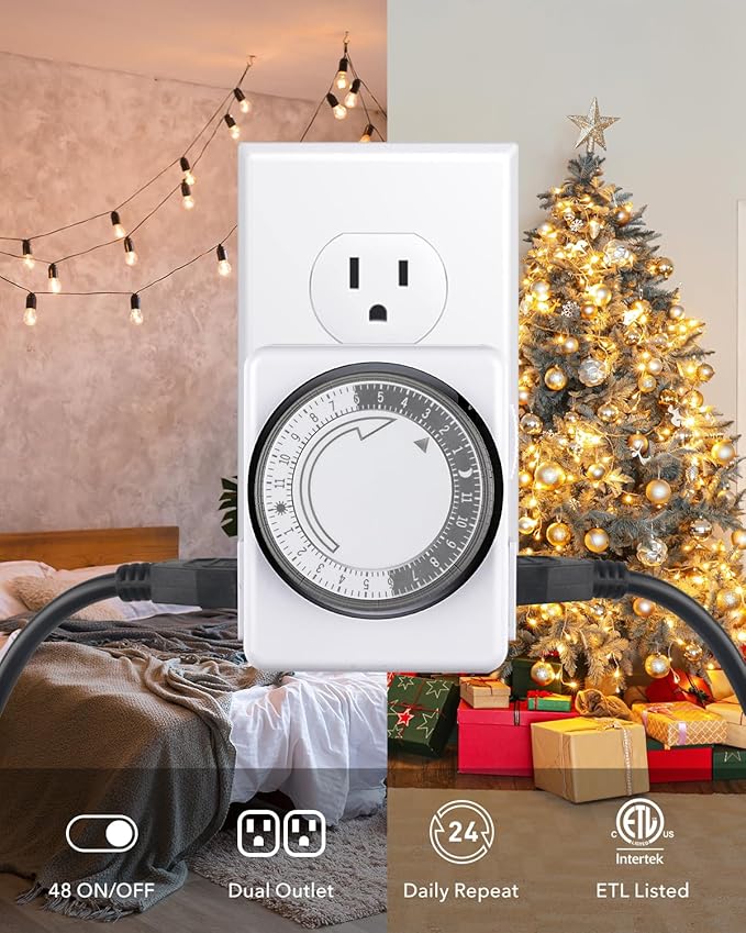 HBN Outlet Timer for Electrical Outlets Indoor, 24 Hour Mechanical Light Timers for Lamps, Dual 2-Prong Plug-in Outlets, 15-Minute Intervals, Heavy Duty Daily Cycle, 2 Pack