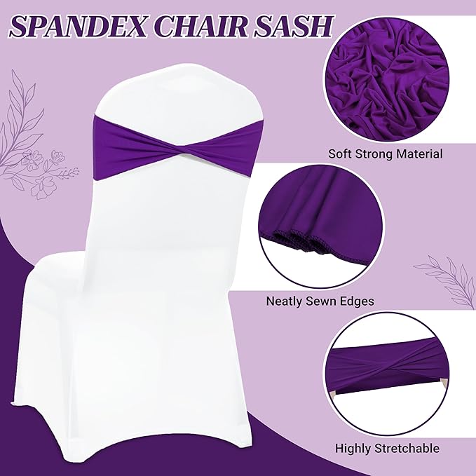 MDS Pack of 200 Spandex Chair Sashes Bows Elastic Stretch Dining Chair Bands Ties Without Slider Buckle Universal fits for Wedding Baby Shower Birthday Party Banquet Event Decoration - Purple