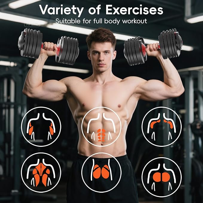 Upgraded Adjustable Dumbbell Set of 2 (52.5 lbs/25 lbs), 15/9 Weights Dumbbell Set, Quick Adjustable Dumbbells For Men and Women Home Gym Workout with Anti-Slip Handle, Safe and No Falling