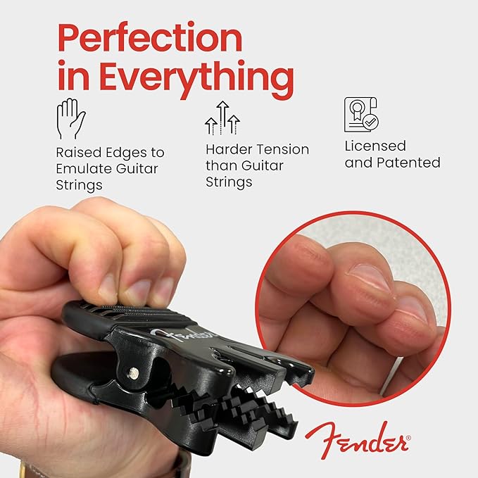 FENDER Patented Callus Builder & Finger Strengthener – Resistance Finger Exerciser for Guitar, Bass & Violin – Guitar Finger Trainer & Grip Strength Tool – Ideal Guitar & Bass Accessories (Tensions: RED=8-Lbs; BLACK=15-Lbs)