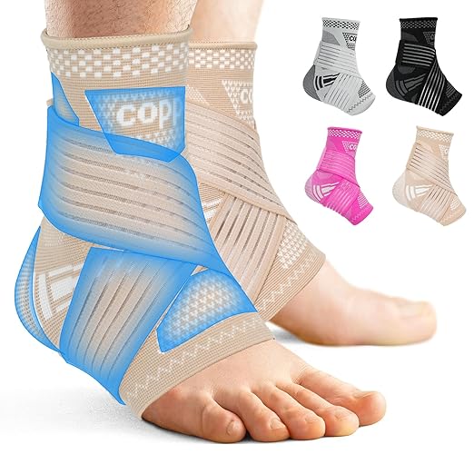 DRNAIETY Copper Ankle Brace for Men & Women - 1 Pair Adjustable Ankle Support Compression Sleeve for Plantar Fasciitis, Achilles Tendonitis, Foot Pain, Swelling, Sprains - Everyday Use (Skin Tone, Medium)