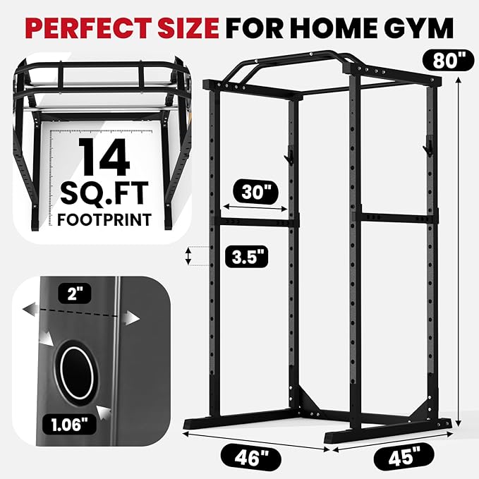 Power Cage 1800 LBS, Multi-Functional Squat Rack and Bench Rack Combos with Adjustable Cable Pulley System for Home Gym, Pull-up Bar, J-Hooks, Landmine Attachments (Power Rack Only)