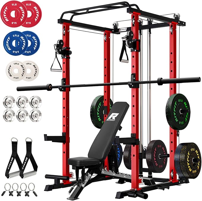 RitFit Multi-Function Garage & Home Gym Package Includes 1200LBS Power Cage PPC03/P3 with Cable Crossover System, Weight Bench, Olympic Barbell Weight Set, Full Body Workout