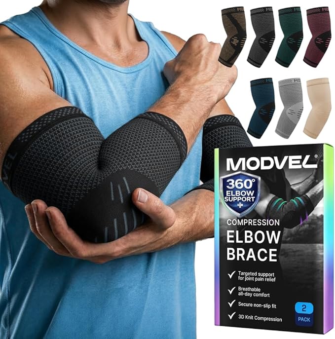 Modvel 2 Pack Elbow Brace for Tendonitis and Tennis Elbow Brace for Women and Men, Elbow Compression Sleeve for Pain Relief and Recovery – Elbow Sleeves Weightlifting Men, Sports & Workout, Arm Brace