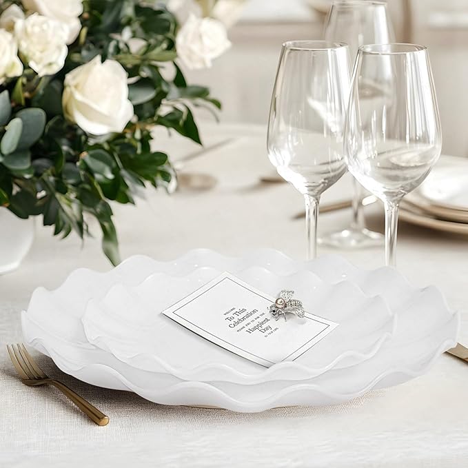 LIYH 50 Pcs White Scalloped Plastic Plates Reusable - Unbreakable Plastic Plates for Weddings Party Outdoor Picnics Dishwasher Safe BPA Free Easter (25Guests)