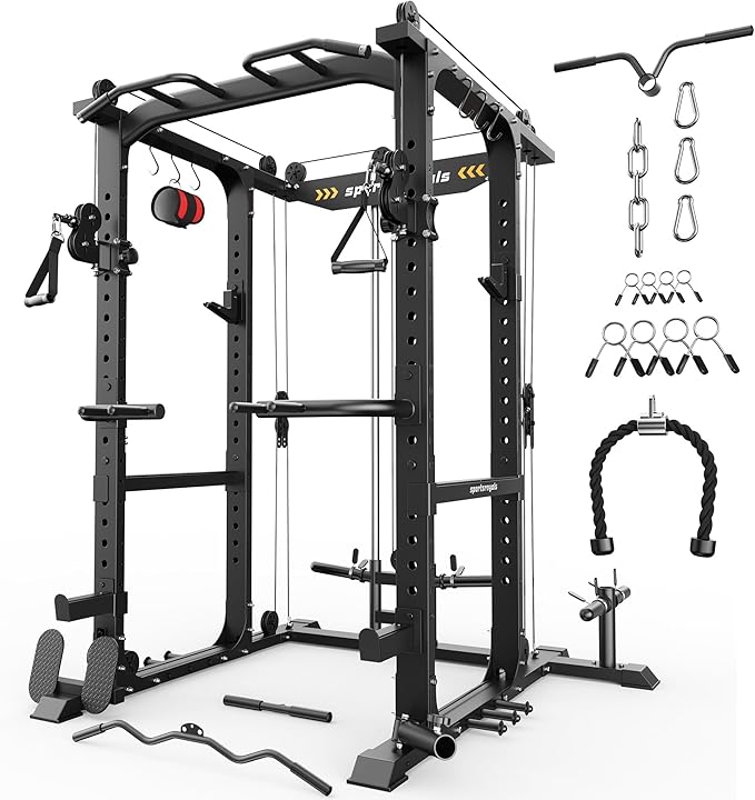 Sportsroyals Power Cage 1600lbs Power Rack with Adjustable Cable Crossover, Multi-Function Squat Rack with Pulley System and Training Attachments for Home Gym