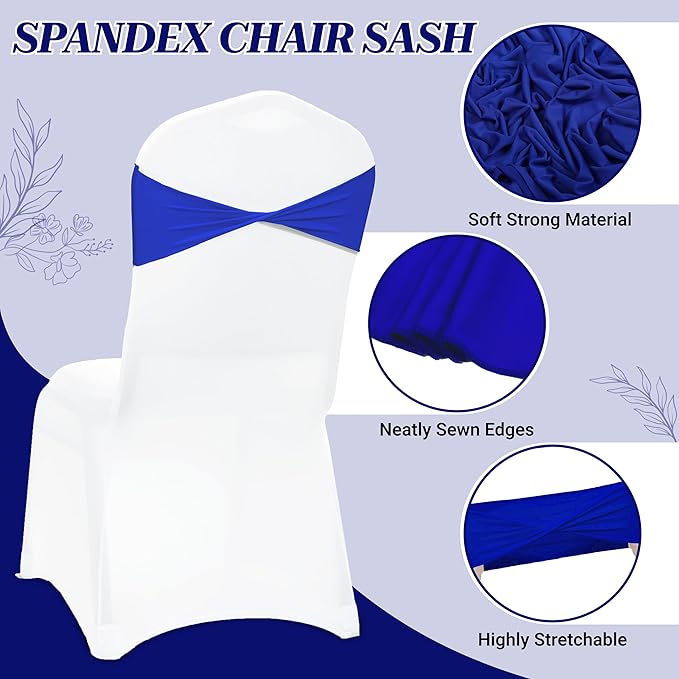 MDS Pack of 75 Spandex Chair Sashes Bows Elastic Stretch Dining Chair Bands Ties Without Slider Buckle Universal fits for Wedding Baby Shower Birthday Party Banquet Event Decoration - Royal Blue