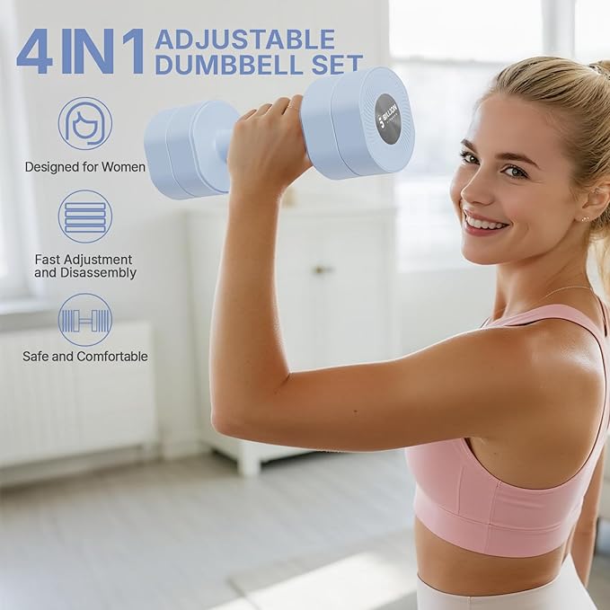 Dumbbell Set of 2, Adjustable Weight, Anti-slip Handle, Macaron Colors, Each 2.2/4.4/6.6/8.8 lbs, 4 in 1 Hand Weights for Women at Home, Blue