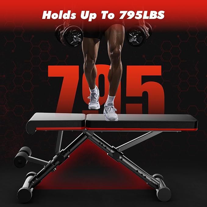 Sweetcrispy Adjustable Weight Bench for Home Gym, Foldable Incline Workout Bench Press with 795 LBS Weight Capacity, Strength Training Fitness Equipment for Full Body Exercise
