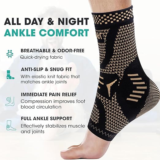 INDEEMAX Ankle Brace for Women & Men, Ankle Compression Sleeve Support Copper Infused Ankle Brace for Sprained Ankle, Plantar Fasciitis Sports, Achilles Tendonitis Pain Relief, Copper Black, S