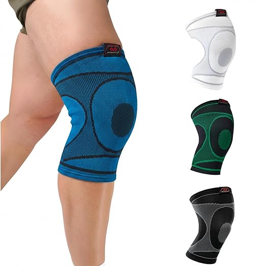 McDavid 4-Way Elastic Knee Sleeve, Compression Knee Support for Pain Relief, Soreness, All-Day Daily Activity Blue/Black L