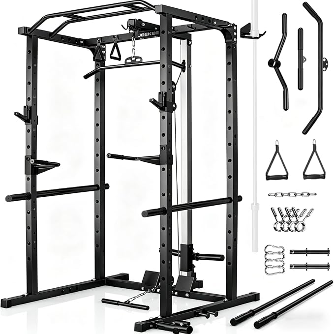 JEEKEE Power Rack with LAT Pulldown, 2000LBS Power Cage with Cable System, Multi-Function Squat Rack with J-Hooks, Safety Bars, Landmine, Pull Up Bar & Attachments for Home Gym Strength Training,Black