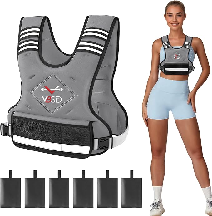 VBSD Adjustable Weighted Vest for Women Men 4-10lb/11-20lb/20-32lb Vest with 6 Ironsand Weights Body Weight Vest with Reflective Strip for Running Walking Strength Training Workouts
