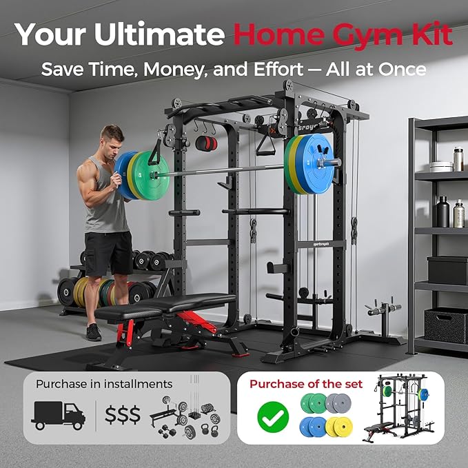 Sportsroyals Squat Rack, LAT Power Cage, Power Rack Multi-Function with Pulley System and Training Attachments for Home Gym