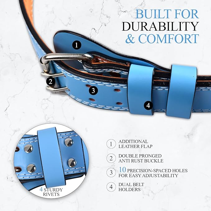 Leather Gym Fitness Belt, 4" & 6" Padded Lumbar Back Support, 10 Adjustable Holes for Weightlifting Powerlifting Bodybuilding Deadlift Squat Workout Strength Training