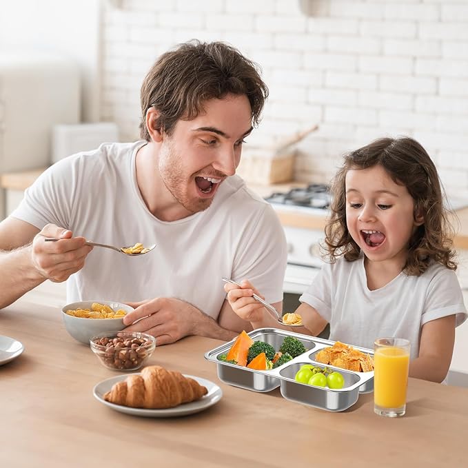 Stainless Steel Divided Plate for Kids Toddler, Non Toxic Portion Control Plate Dinner Plate with Lid for Adults Weight Loss, 4 Pack 3 Sections Rectangular Snack Plate Tray