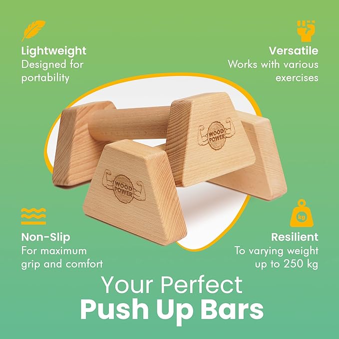 WOODPOWER® - PowerBars, Wooden Parallettes Push Up Bars, Joint-Friendly Beech Wood Calisthenics Equipment for Home, Durable Handstand Trainer Push Up Handles for Floors