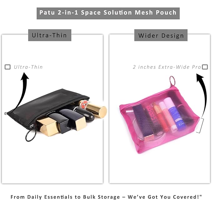 Patu Widened Mini Zipper Mesh Bags, Size S, 5" x 4" x 2", 5 Pieces, Beauty Makeup Lipstick Cosmetic Accessories Organizer Case, Small Travel Kit Storage Pouch, Assorted Colors
