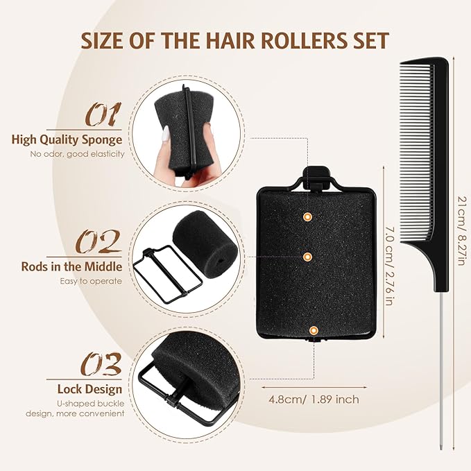 Syhood 12 Pcs Jumbo Foam Sponge Hair Rollers 1.89 Inch Soft Sleeping Curlers Flexible Large Foam Rollers and Rat Tail Comb for Hair Styling (Black)
