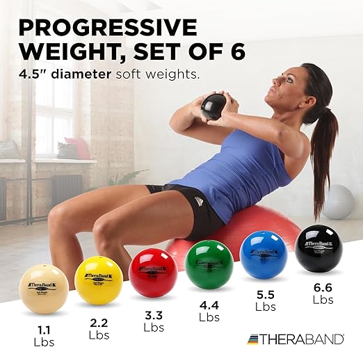 THERABAND Soft Weight Set of 6, 4.5" Ball-Shaped Isotonic Exercise Balls for Physical Therapy, Weighted Ball Set for Pilates, Shoulder Strength & Rehab, Color-Coded, Portable & Easy to Grip