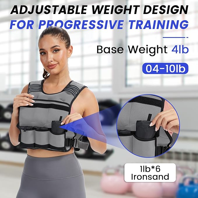 VBSD Adjustable Weighted Vest for Women Men 4-10lb/11-20lb/20-32lb Vest with 6 Ironsand Weights Body Weight Vest with Reflective Strip for Running Walking Strength Training Workouts