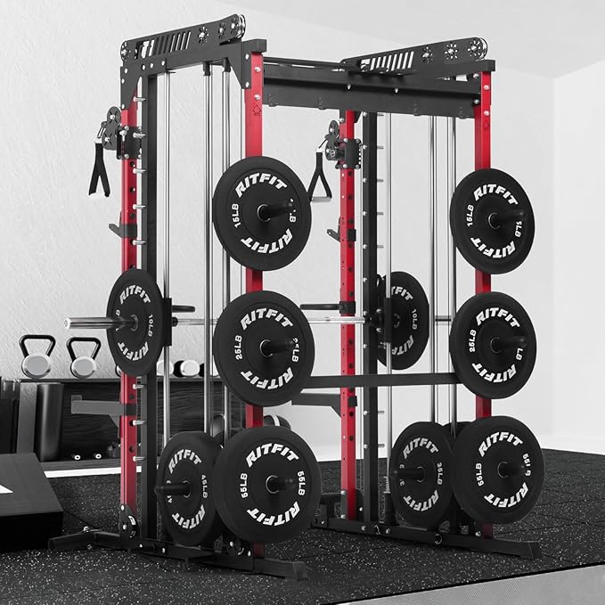 RitFit M1 Pro Smith Machine with Cable Crossover System, Multi-Function Squat Rack Power Cage for Home Gym, Power Rack and Packages