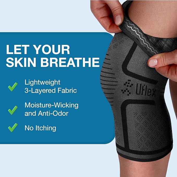 UFlex Athletics Knee Brace for Men and Women Knee Compression Sleeve Support for Arthritis Joint Pain Relief, Workout, Swelling, Sports, Circulation, Running, Recovery Support for ACL & Meniscus Tear