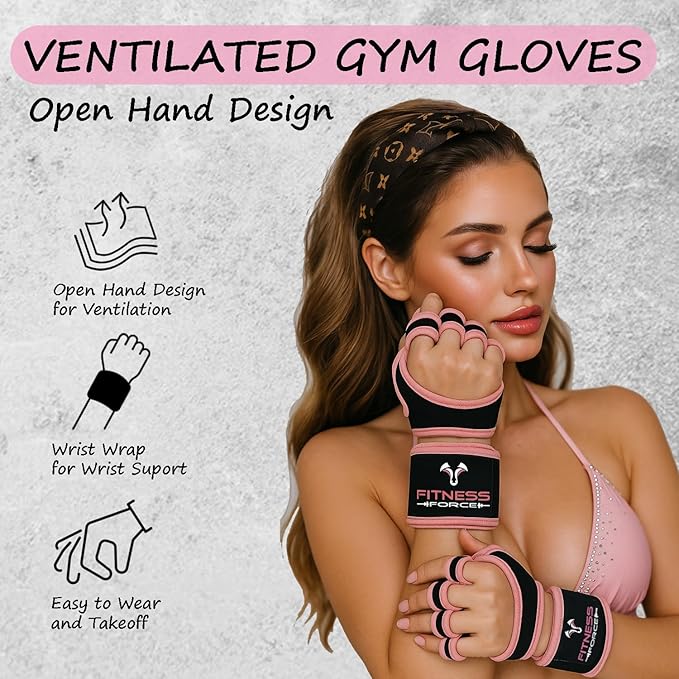 FITNESS FORCE Ventilated Weightlifting Gloves Workout Gloves for Men & Women with Built-in Wrist Wraps Fingerless Gym Gloves for Men Perfect for Exercise Fitness, Weight Lifting, Cross Training