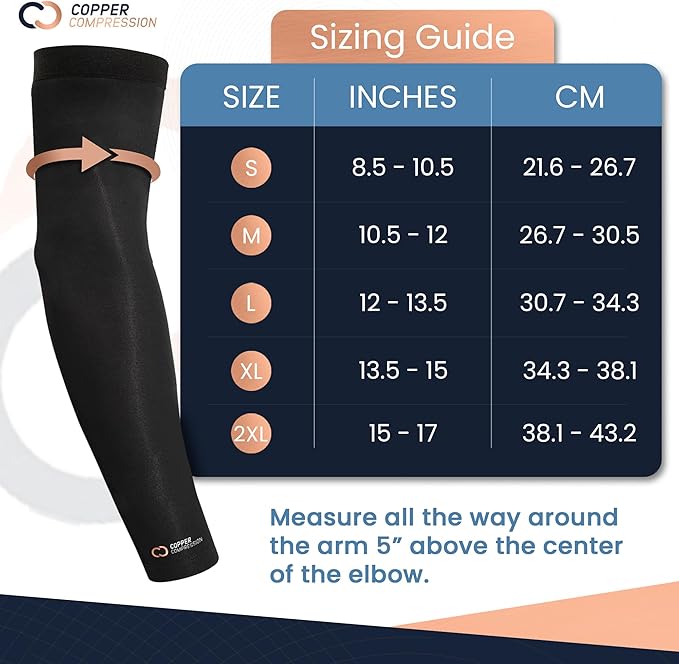 Copper Compression Arm Sleeve - Copper Infused Full Arm Brace for Forearm, Bicep, Triceps - Tennis Elbow, Basketball, Golf, Arthritis, Tendonitis, Bursitis, Post Surgery Rehab - Odor Resistant - Black - L